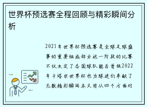 世界杯预选赛全程回顾与精彩瞬间分析